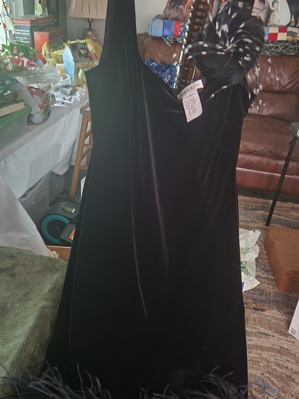 Cachet Black Velvet Dress with Feather Trim
